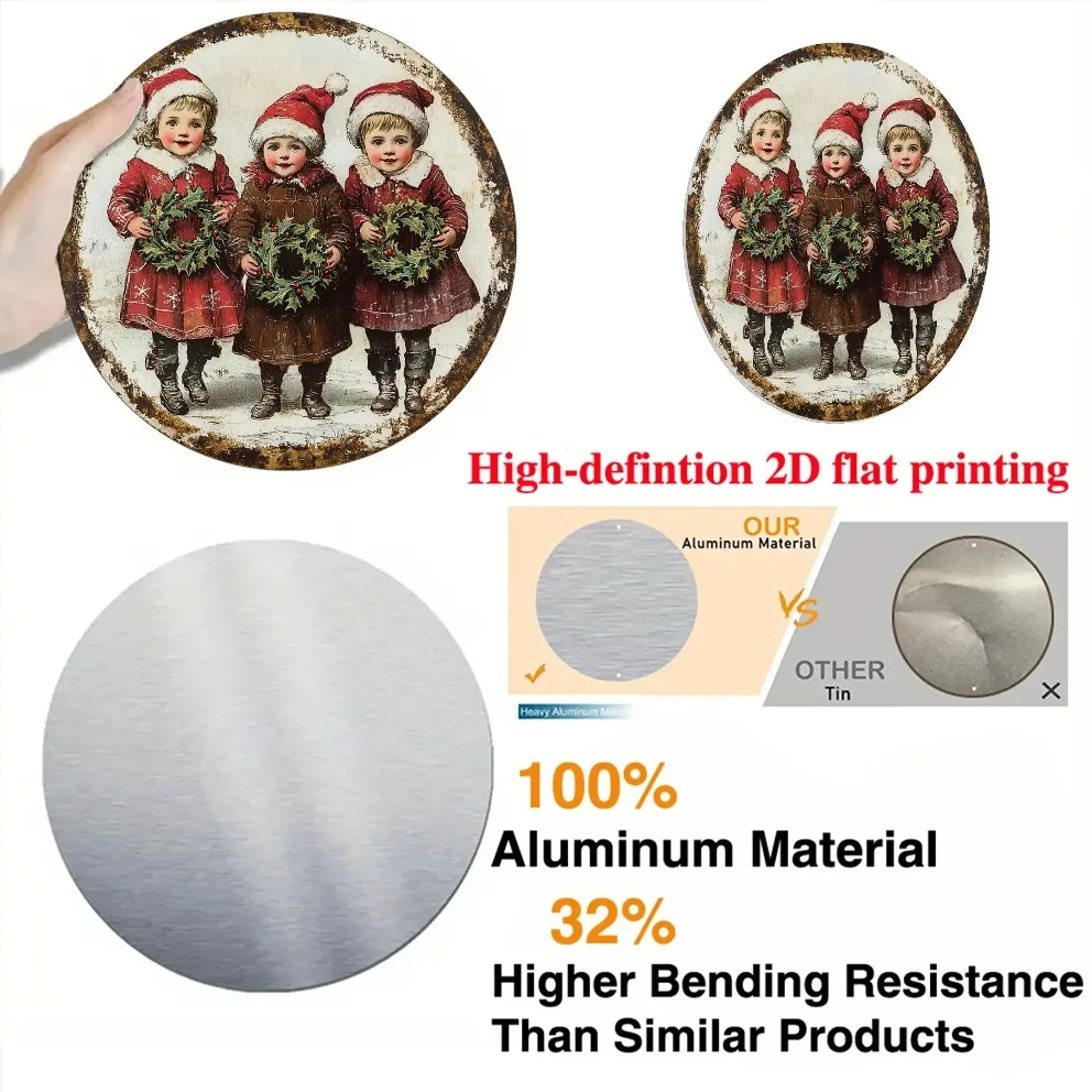 งานศิลปะติดผนังโลหะวินเทจคริสต์มาส ยังส์เตอร์ส&ฮอลลี่ -ป้ายอะลูมิเนียมทรงกลมขนาด 8x8 นิ้ว ของตกแต่งวันหยุดสุดคลาสสิกสำหรับบ้าน