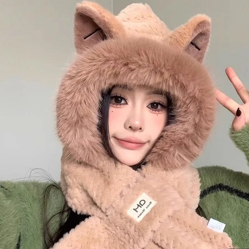 قبعة شتوية سميكة من القطيفة مع وشاح بتصميم أذن الثعلب وتدفئة الرقبة وحماية الأذن الدافئة المتكاملة للخريف والشتاء