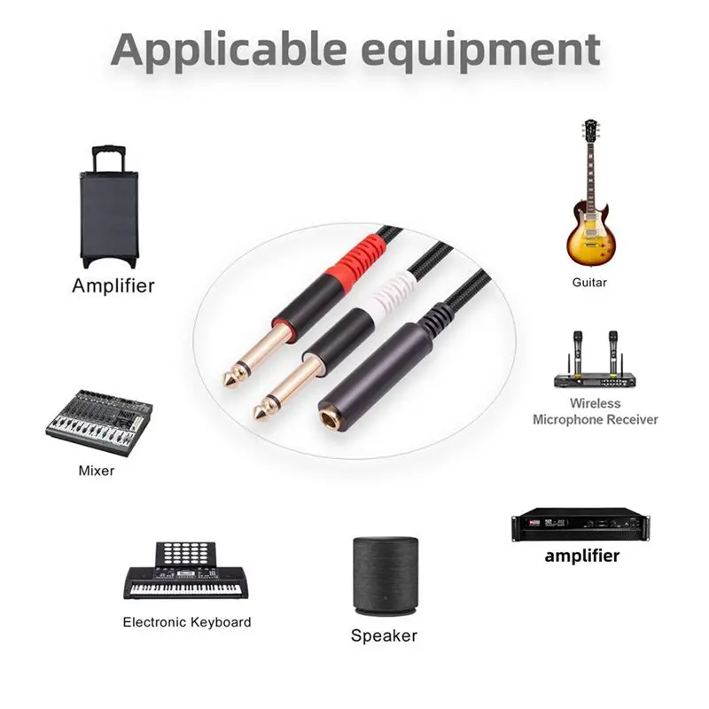 DT51 Audio Adapter Cable 6.35mm 1/4 TRS Female to 2 Dual Mono for TS Male Y Splitter Cord 0.4m for Mixer Headphone Amplifier
