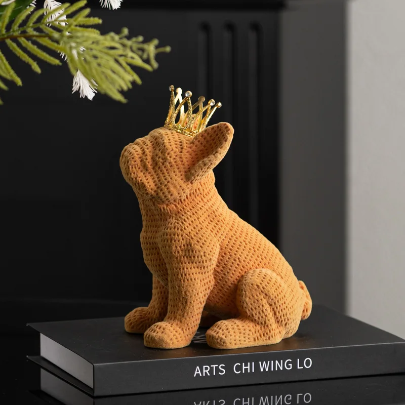 Designer Resin Flocked Dog Sculpture with Crown for Bookshelf Wine Cabinet Entryway Living Room Home Decor Gift