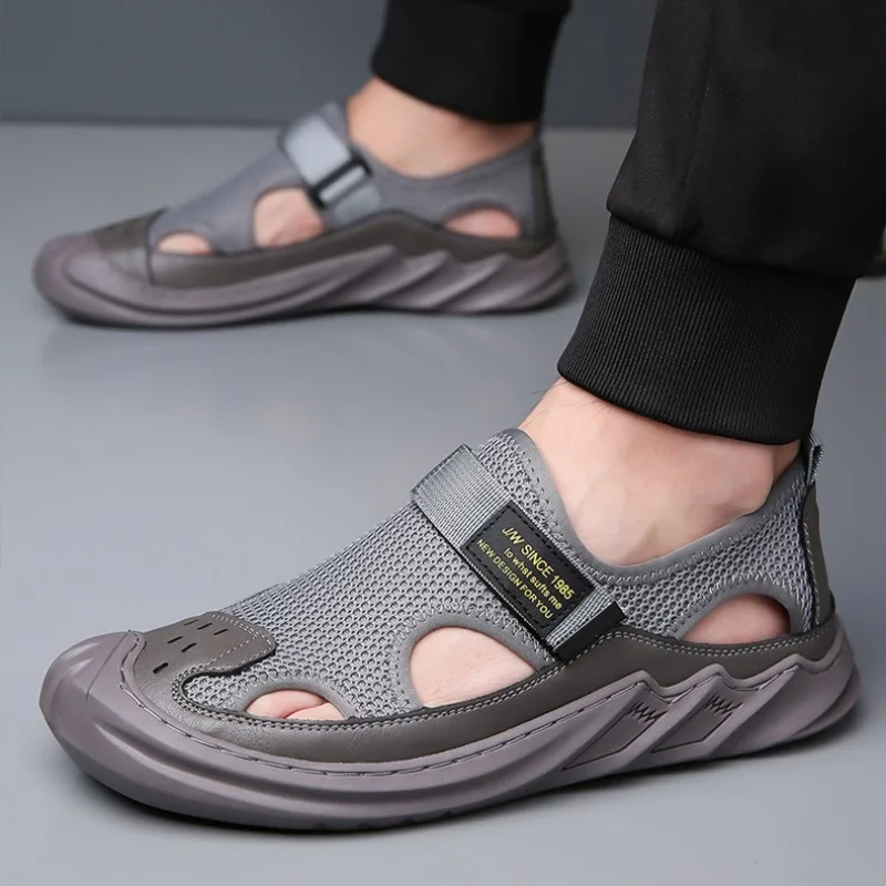 2026 Summer Men's Sandals Comfortable Mesh Magic Tape Sneakers Breathable Hollow Out Soft Bottom Slip-On Casual Shoes for Man