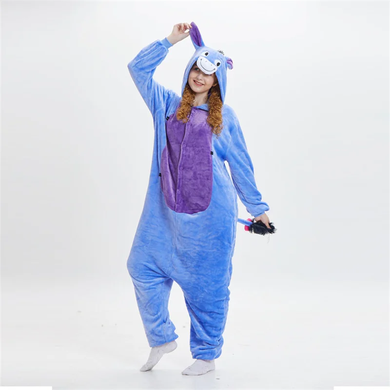 Adult Men Women Kigurumi Cartoon Donkey Animal One-piece Sleepwear Hooded Homewear Jumpsuit Ankle-length Loungewear Couple