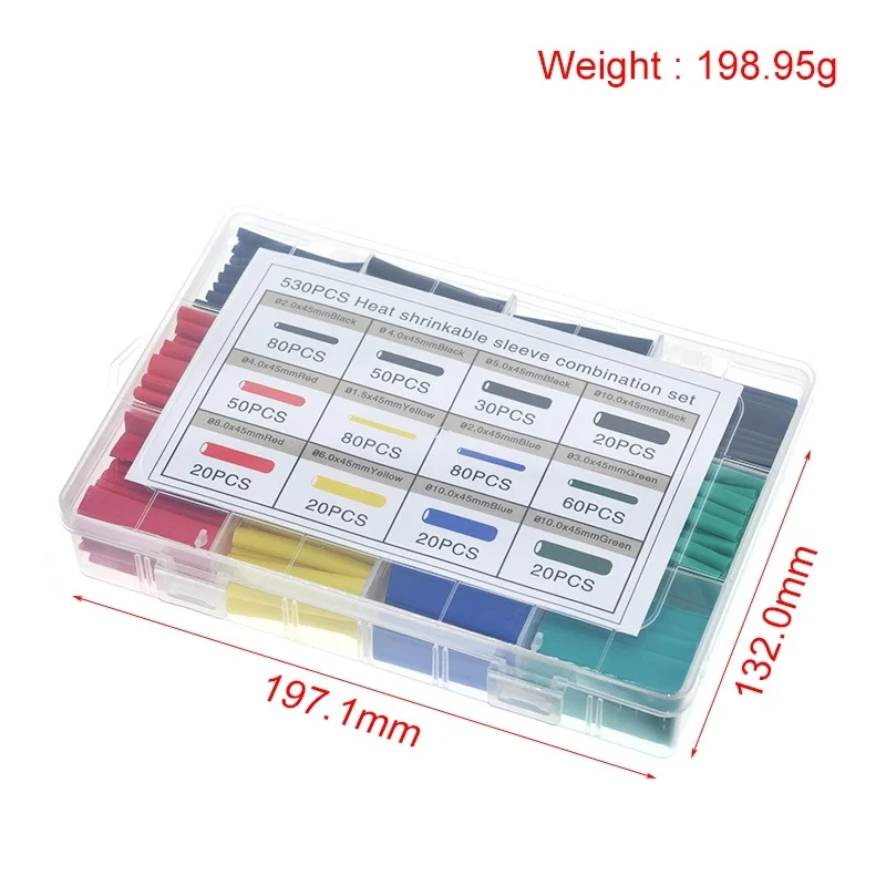 530pcs Heat Shrink Tubing Insulation Shrinkable Tube Assortment Electronic Polyolefin Ratio 2:1 Wrap Wire Cable Sleeve Kit