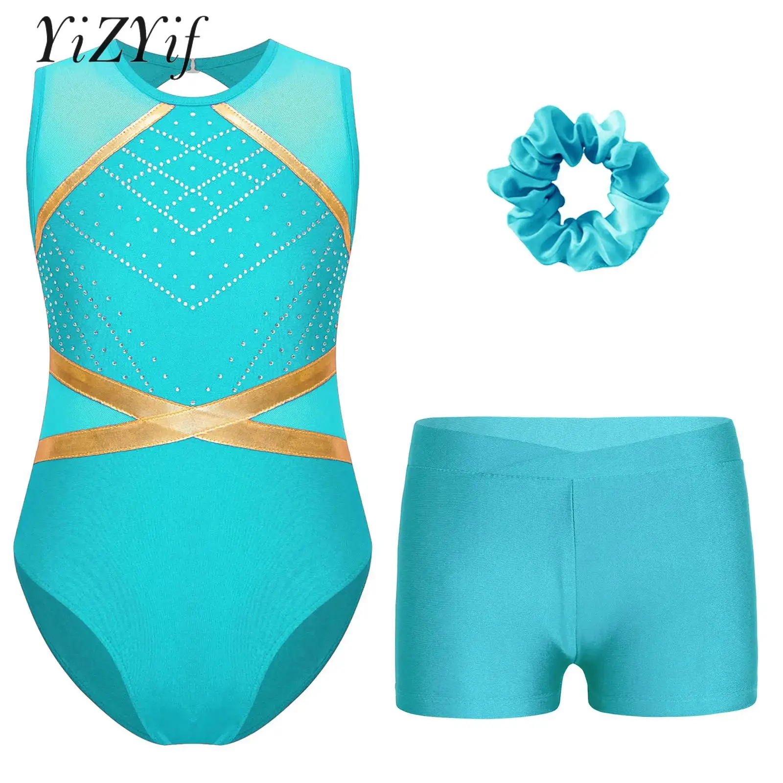 Children Jazz Dance Costume Girls 3Pcs Tracksuit Athletic Activewear Gymnastics Outfit Patchwork Leotard with Shorts Hair Tie