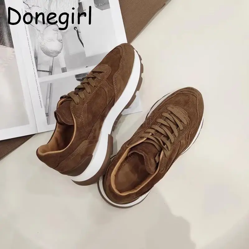 Donegirl 2024 New Women Spring Autumn Fashion Vintage Suede Lacing Flat Sneaker Simple Casual Versatile Thick Soled Shoes Female