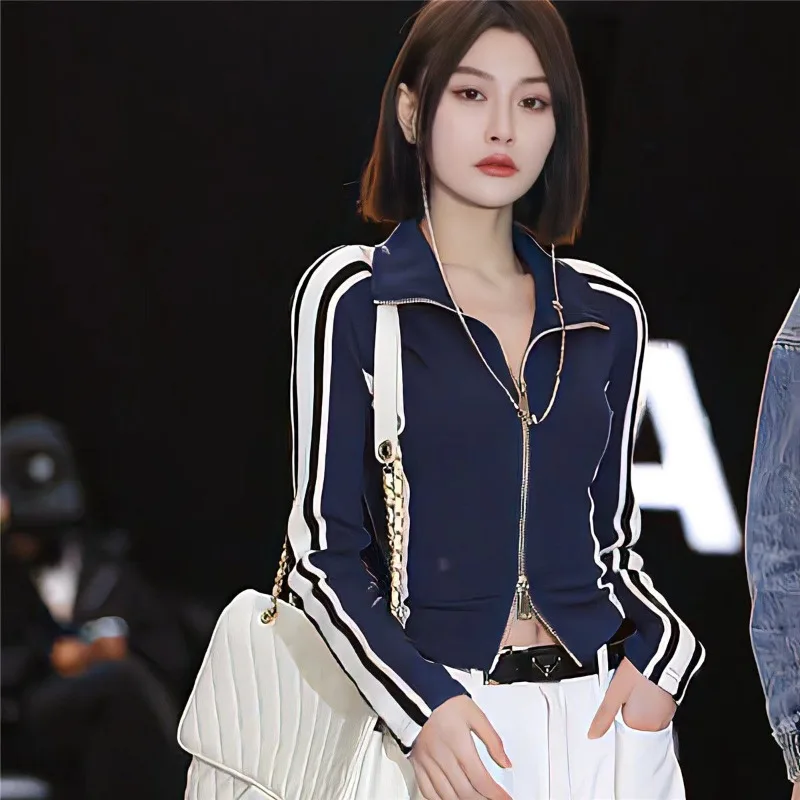 Casual Sports Coat Women Spring Long Sleeve Zipper Striped Jacket Korean Fashion Vintage High Street Cool Girls Grunge Y2k Tops