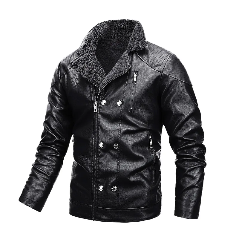 KIDWHXR Man Fleece Leather Coat Winter Windproof Stand Collar Zipper Men Outerwear Motorcycle Punk Long Sleeve Male Warm Jacket
