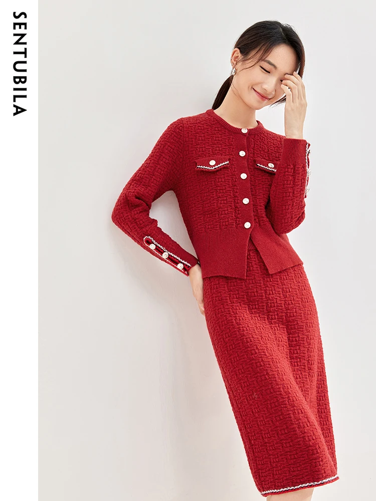 

SENTUBILA Knitted Skirt Two Piece Set Women 2024 Spring Autumn Red Cardigan Jacket Top Woman Elegant Midi Skirts Sets W33Z51901