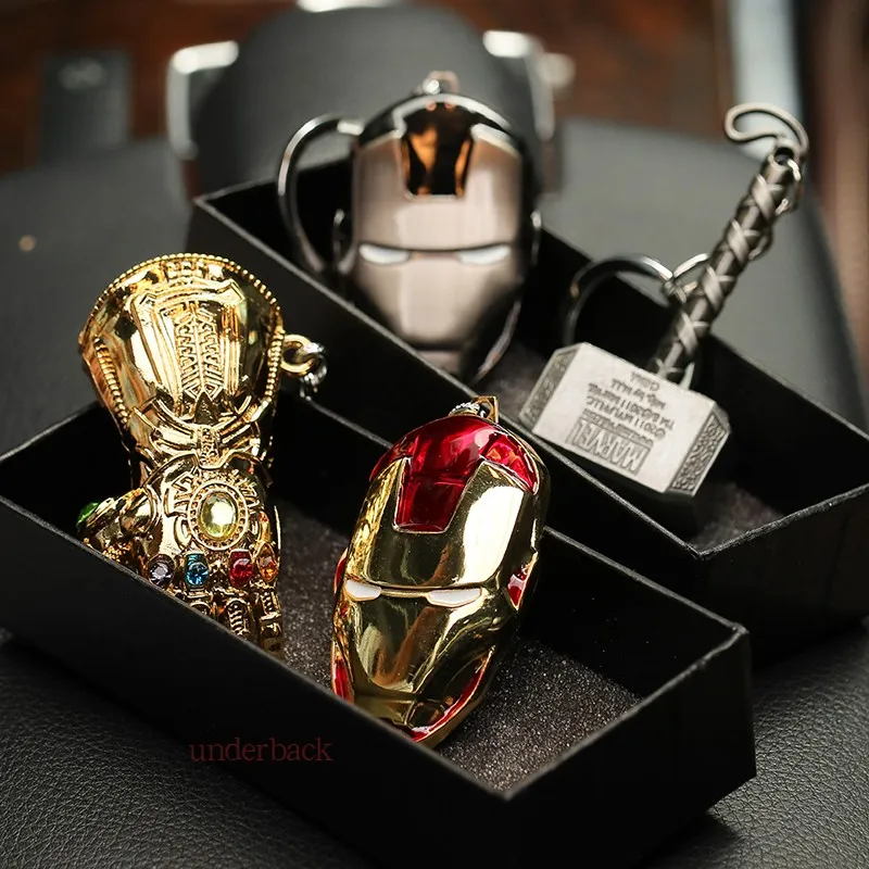 Avengers Themed Metal Keychain Iron Man Captain America Thanos Gold Shield Thors Hammer Pendant Set Exquisite Gift Box Set