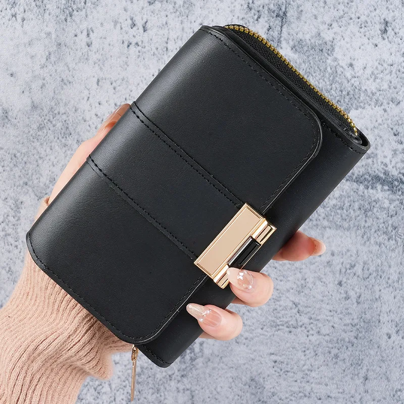 New Fashion Women Wallet Multi-card Slot Large Capacity Billfold Vintage Multi-functional Zipper Coin Purse Black Pink