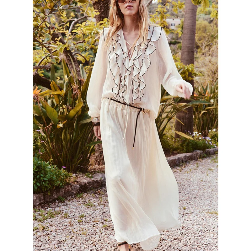 Long Sve V Ne Layered Decorative Semi Transparent irt with Belted Midi Skirt Faionable Two Piece Set Summer 2025