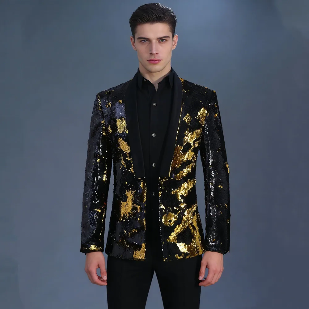 Sparkly Sequins Men Blazer Bar Male Singer Nightclub Stage Shawl Collar Suit Jackets Wedding Party Banquet Shiny Tuxedo Blazers