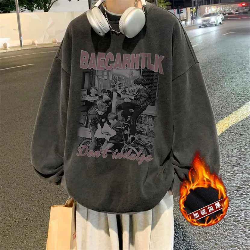 

Утепленная флисовая толстовка мужская в американском стиле, с длинным рукавом, зимняя теплая, с круглым вырезом, пуловер, повседневная одежда