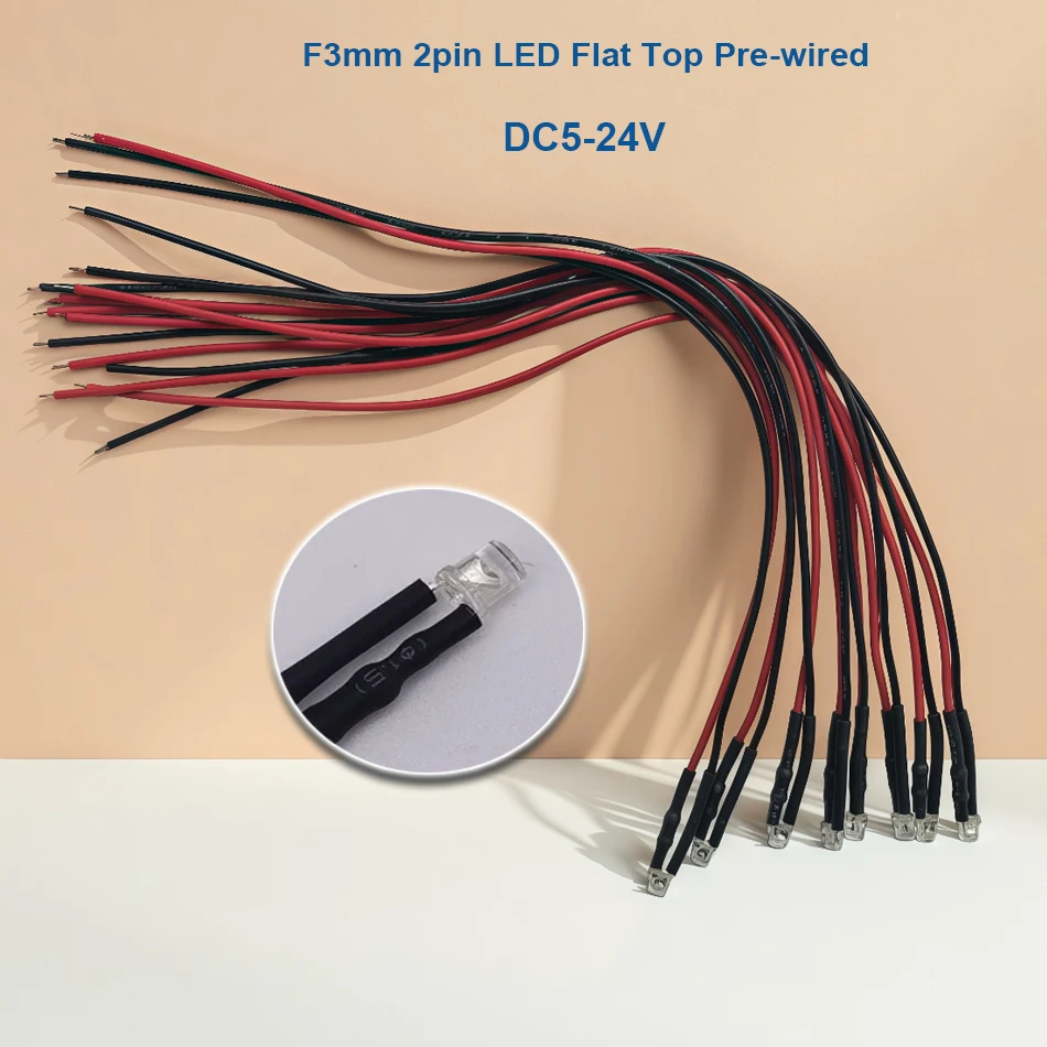 50-100pcs 3mm 5mm Flat Top LED Pre-wired water clear DC5-2V Red Green Blue white RGB UV light-emitting diode with Plastic Holder