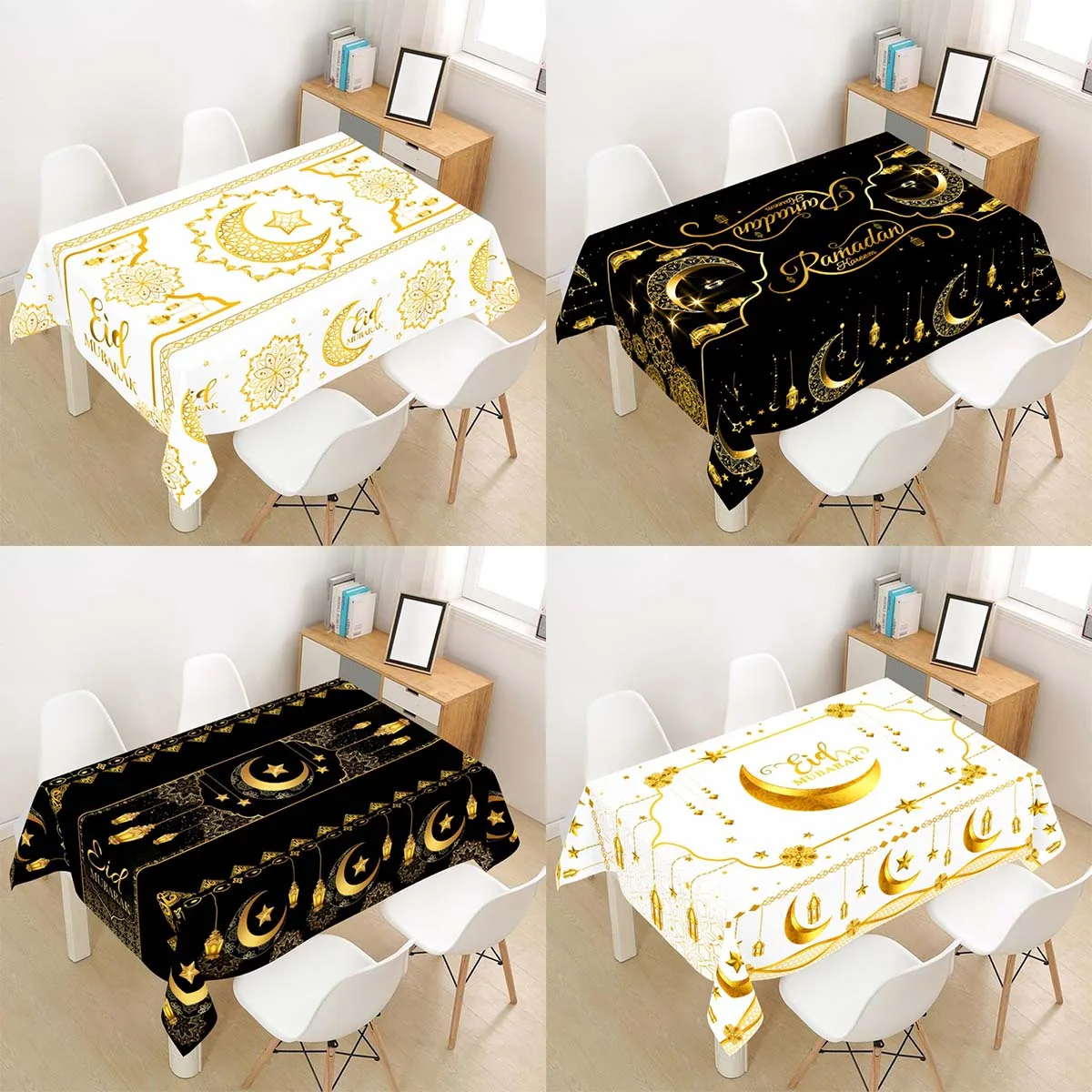 2025 Eid Mubarak Moon Polyester Tablecloth Ramadan Decor 2025 Ramadan Kareem Decor Islamic Muslim Party Supplies Eid Table Cover