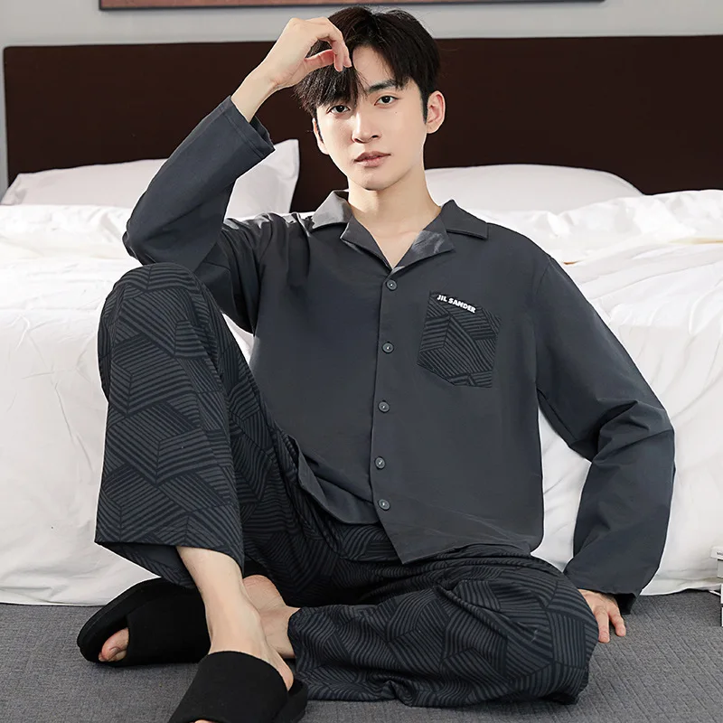 Korean Fashion Cotton Home Clothes for Men Autumn Cardigan Long Pajamas Set 2023 New Nightwear 2 Pieces Pijamas pyjama homme