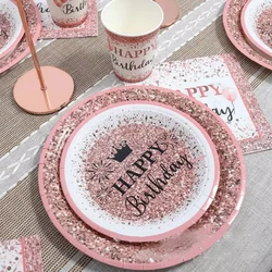 2025 Rose Gold Birthday Disposable Tableware Happy Birthday Plate Napkin Adult Queen Princess Happy Birthday Plate Girls