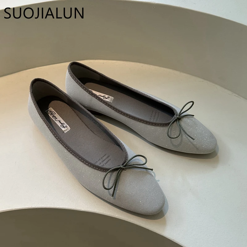 SUOJIALUN Spring New Brand Women Flat Shoes Fashion Round Toe Shallow Slip On  Ballerinas Shoes Soft Flat Heel Dress Ballet Shoe