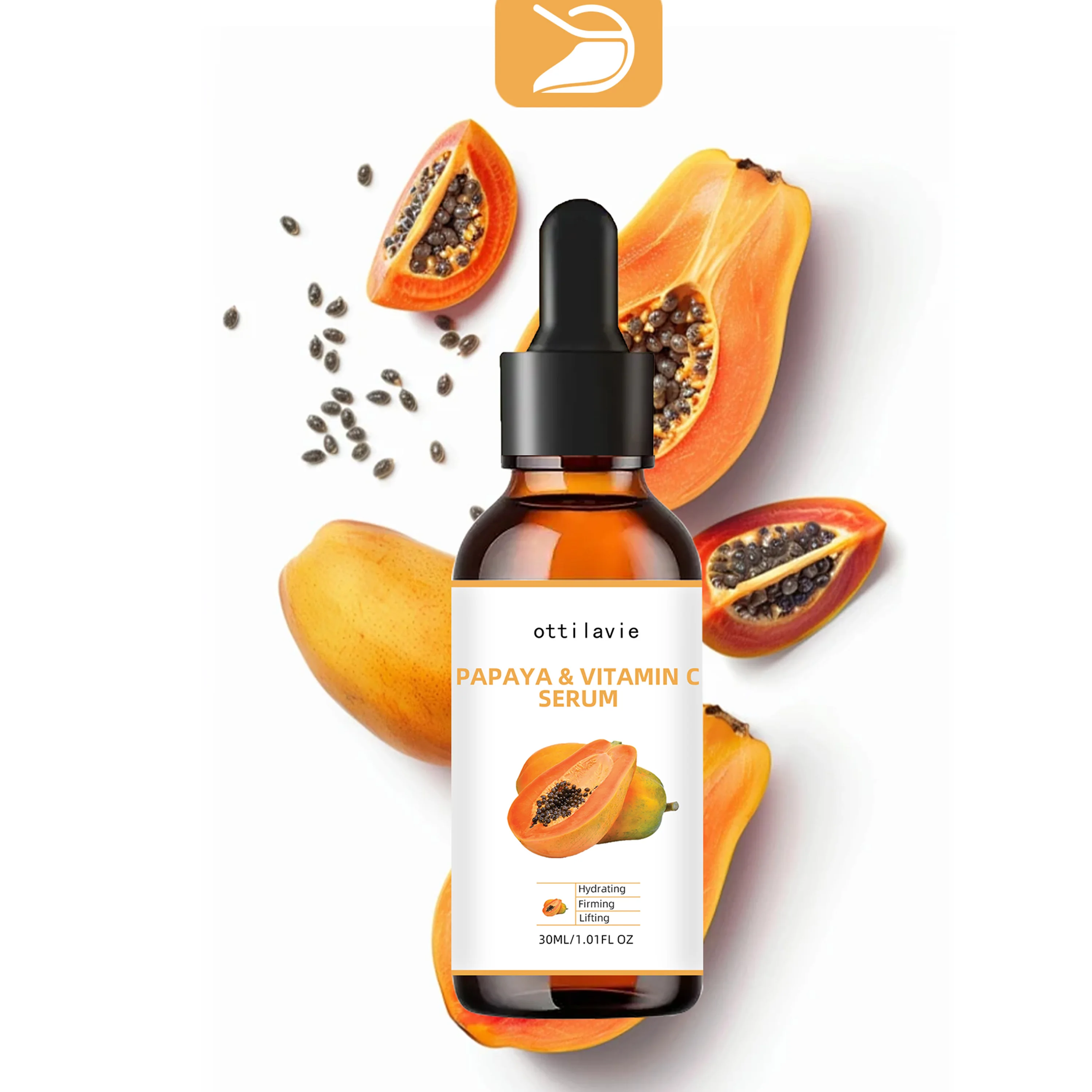 O Essência Ottilavie Papaya Vitamina C é adequada para todos os tipos de pele, unissex e pode ser usada no rosto, no pescoço e o corpo.