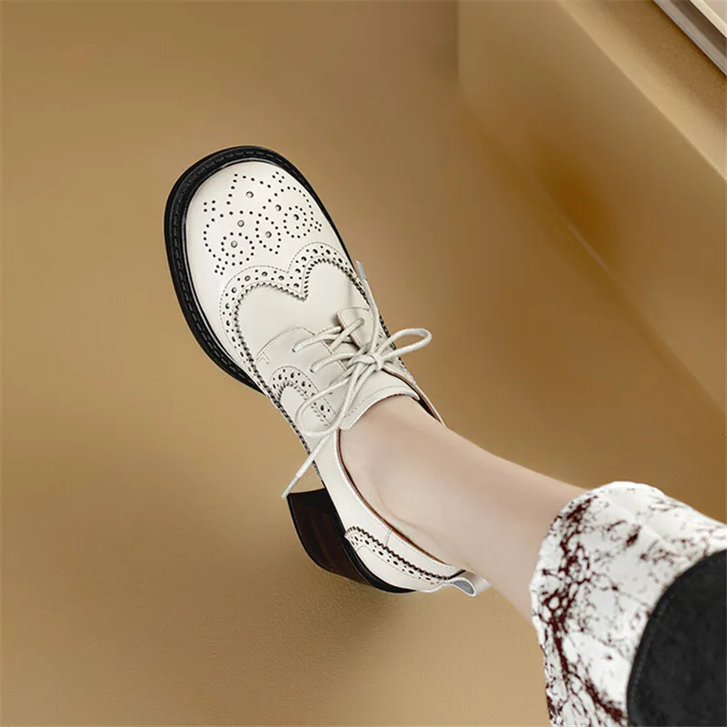 New Spring Genuine Leather Women Shoes Round Toe Women Pumps Shoes for Women Zapatos Mujer Brogue Designs Lace Up High Heels