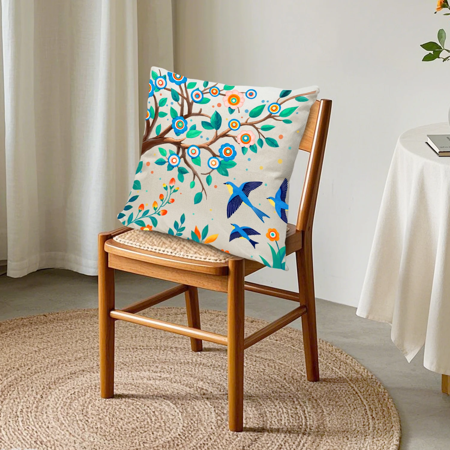 Swallow Bird Floral Cushion Cover Linen Spring Natural Botanical Decorative Pillow Case for Sofa Couch Living Room Bedroom Patio
