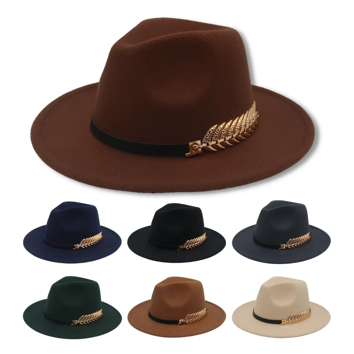 Alloy Fish Bone Belt Decor Felt Hat British Flat Brim Women Fedora Casual Trilby Hats Classic Dress Hats For Men Retro Jazz Hats