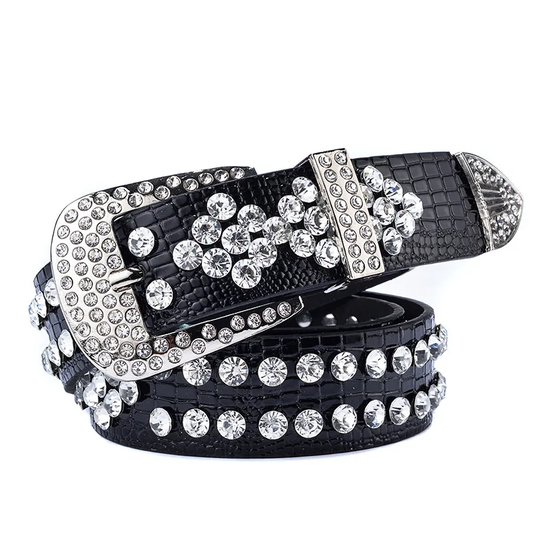 

Fashion Luxury Handmade Inlay Rhinestone Belt for Women Jeans Decoration Black Punk Style Senior Rhinestone BB Wide Belt