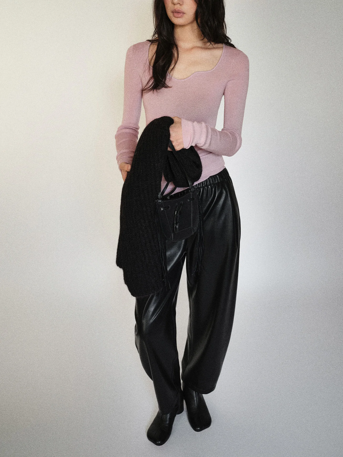 

FSYSKINS Thin Fce Leather Boot Pants High Waist A-Line Casual Leather Trousers Knife Nine Points Ci Walk Warmth