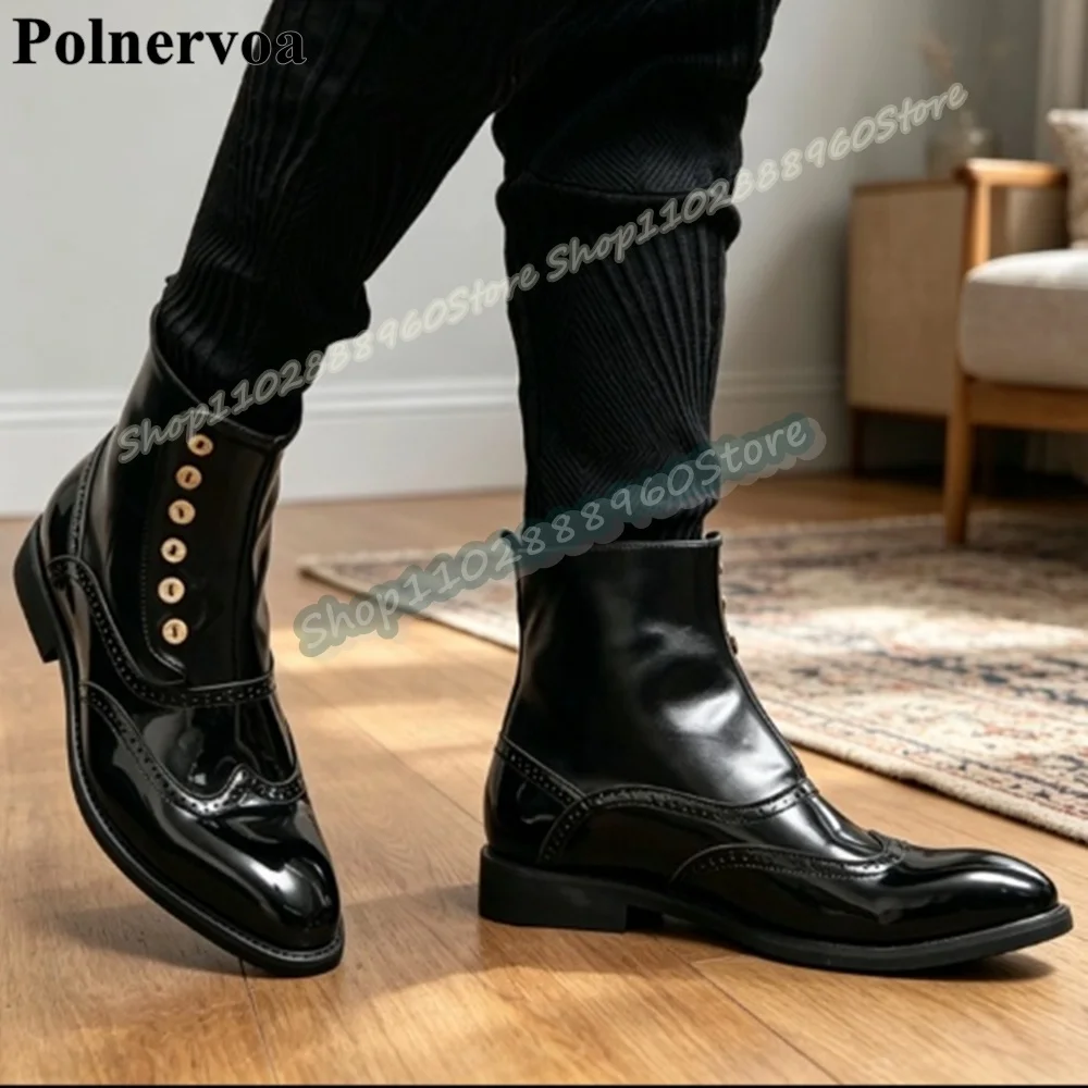 Trendy Black Splicing Leather Buttons Casual Men Ankle Boots Flats Party Shoes For Men Slip On Casual 2026 Fashionable Men Boots