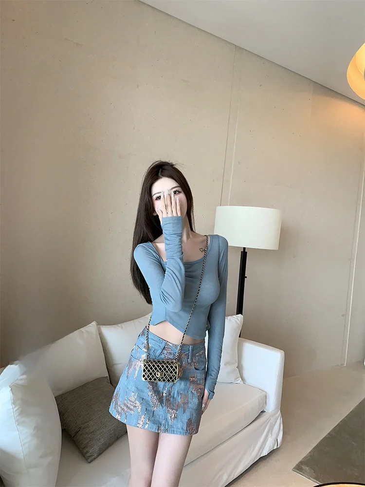 

Джинсовая юбка-карандаш с высокой талией и пайетками, женская, модная, весенняя, из 100% хлопка, короткая юбка-тюань