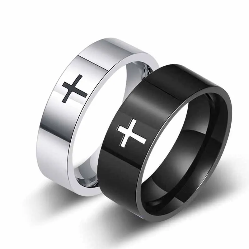 

6/8MM Black Silver Fashion Retro Punk Style Jesus Cross Men's and Women's Ring Religious Prayer Jewelry Halloween Gift