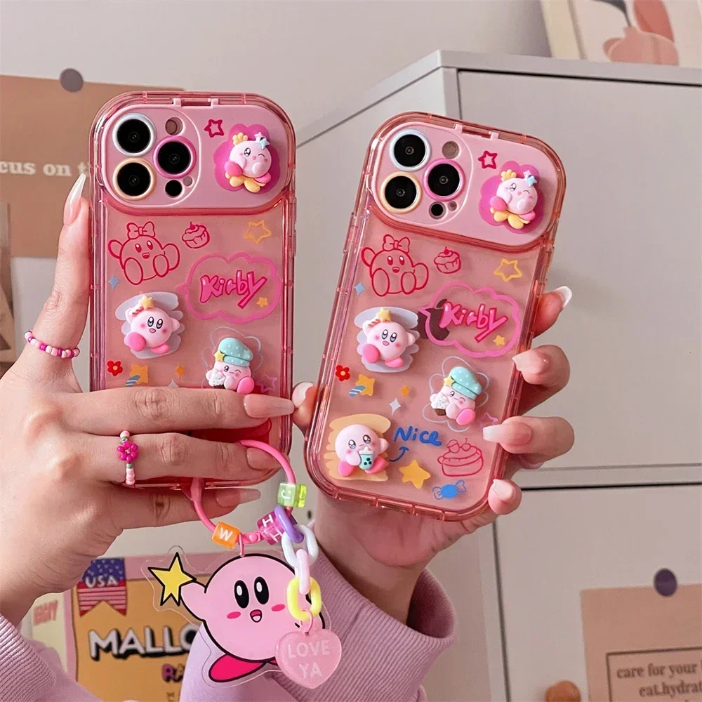 3D Cartoon K-Kirbies with Vanity Mirror Pendant Phone Case for IPhone 15 14 13 12 11 Pro Max X XR XS MAX Anti-drop Cover Coque