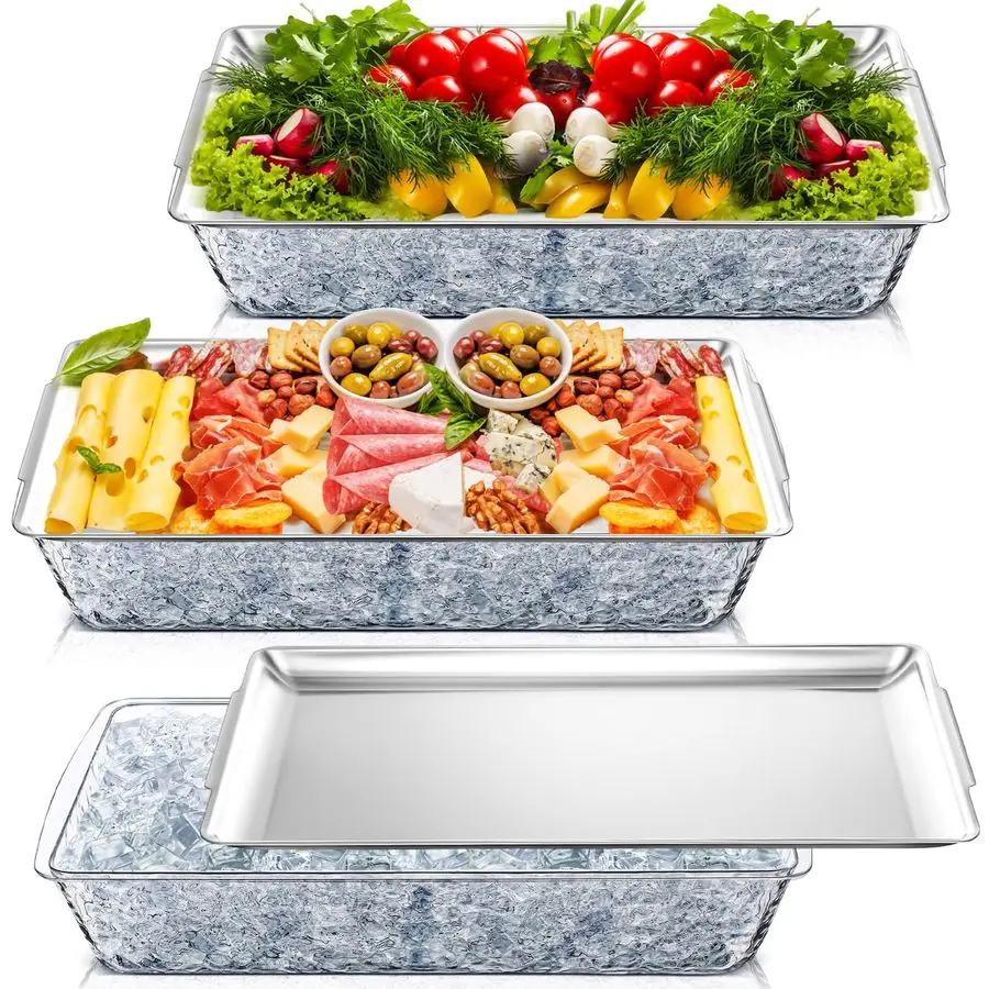 

Набор из 3-х прямоугольных охлаждающих подносов для вечеринок, 16x9 дюймов, с отделениями, для закусок, холодных блюд и креветок