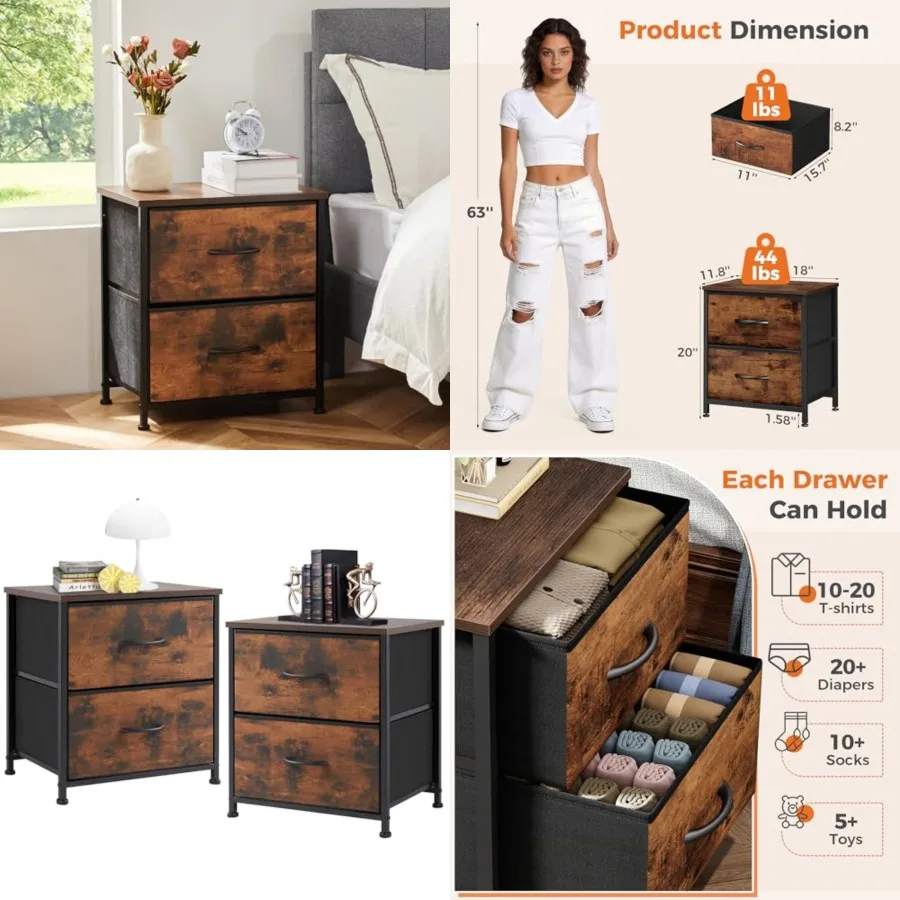 

Nightstand Set of 2 with 2 Storage Drawers, 20" Height Small Bed Side Furniture End Table, Wooden Top Fabric Cabinet Kids Mini Dresser for Bedroom, Closet, Entryway, College Dorm