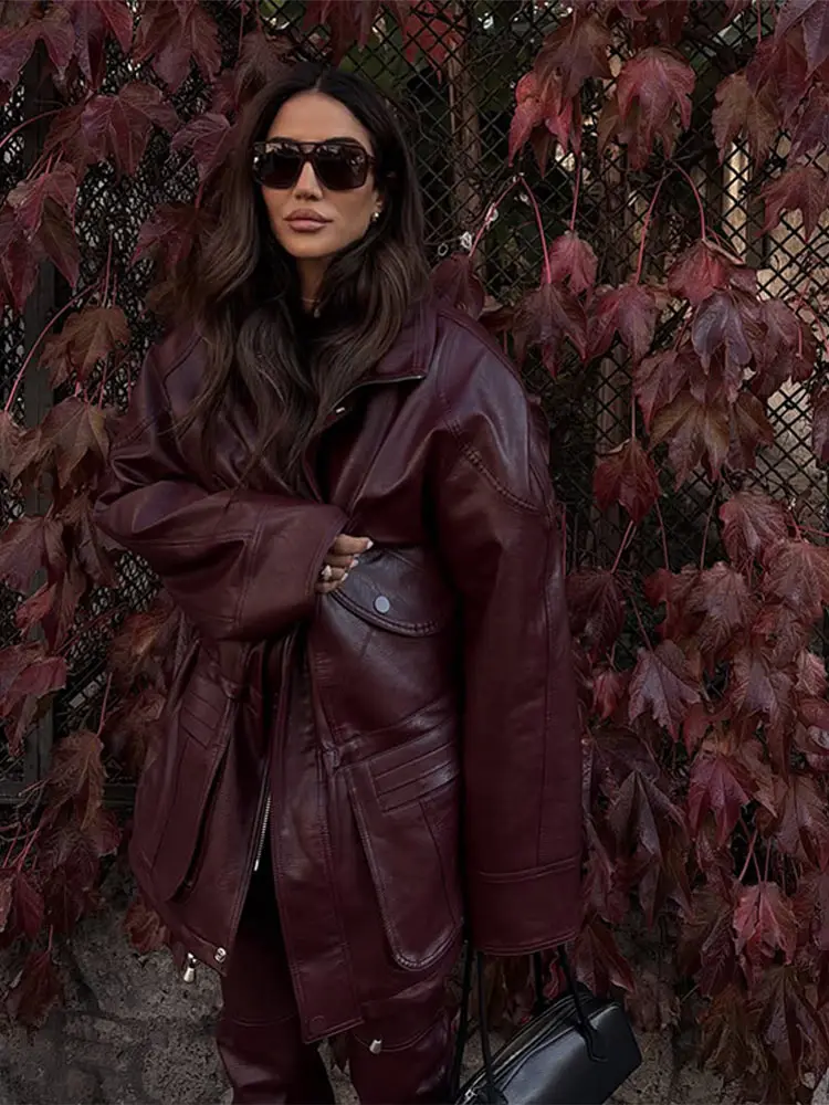 Chic Wine Red Fake Leather Jacket For Women Fashion Long Sleeved Clothes Lapel Zipper Coat Autumn Winter New High Street Outwear