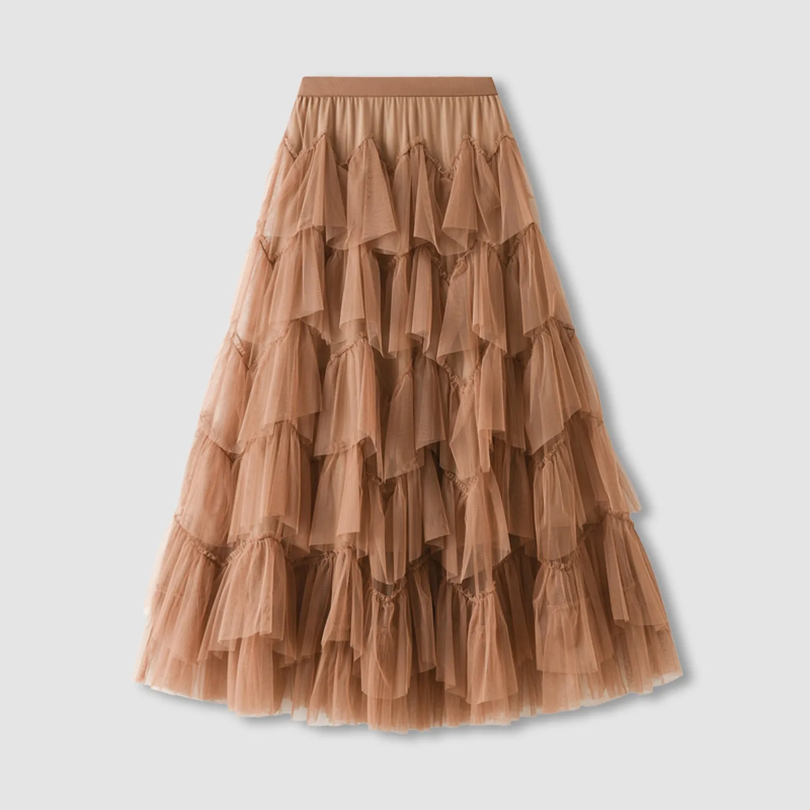 

Ladies Fashionable A Line Sold Color Pleated Skirts Ruffle Mesh Vintage Chiffon High Waisted Patchwork Fluffy Skirts For Women