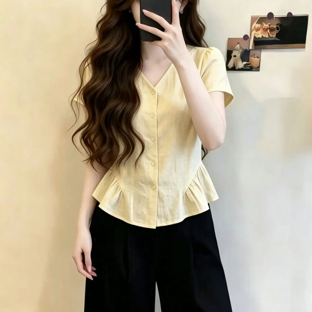 

Fashionable V-Neck Short Sleeve Shirt Women's Summer plus Size Beautiful Design Lace Trim Elegant Shirt French Style Slim Fit