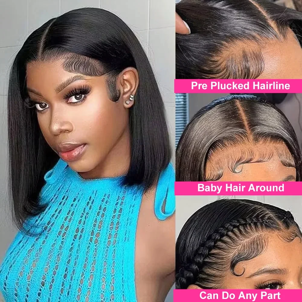 13x4 180% 밀도 숏 보브 스트레이트 브라질리언 레미 헤어 HD 투명 레이스 풀 레이스 프론탈 가발 100% 인모 여성용