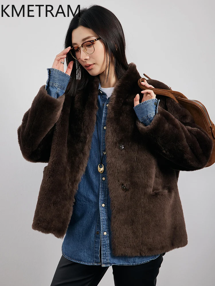 Natural Wool Sheepskin Double Faced Fur Jacket Woman Dark Brown Real Fur Coat 2025 Winter Clothes Furry Jackets шуба женская