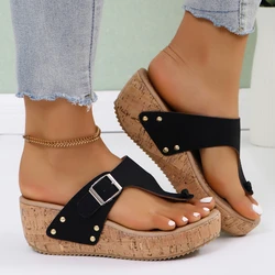 2024 Women Summer New Woman Metal Buckle Design Beach Flip Flops Slip on Outdoor Female Fashion Wedges Sandals Shoes for Women