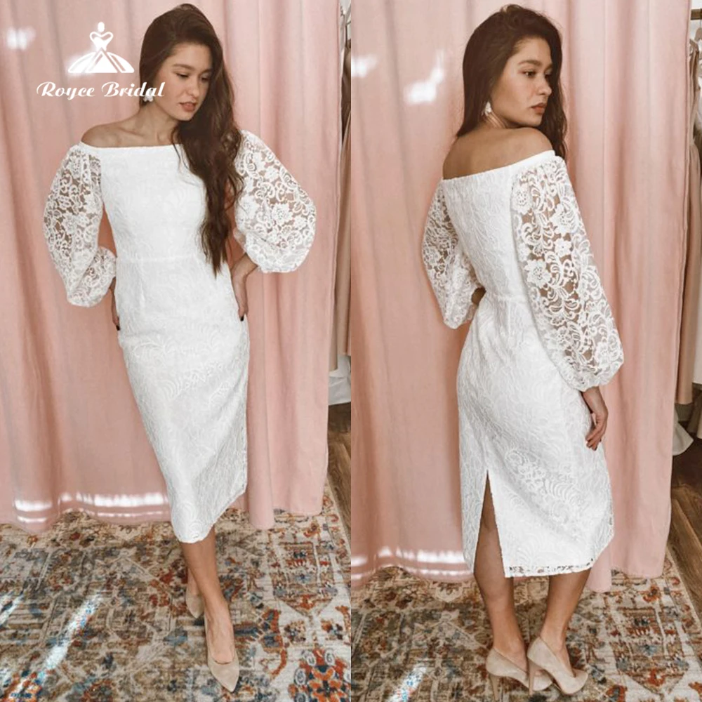 

Boho Sexy Split Boat Neck Full Puff Sleeve Lace Short Mermaid Wedding Dress For Women Bridal Gowns Vestidos De Novia Robe