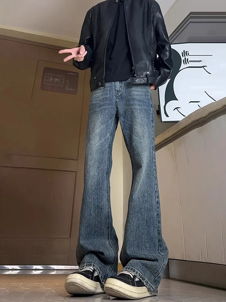 

Мужские джинсы-клеш с ретро-узором «Бамбуковые бутоны», синие, с эффектом удлинения ног, прямые, зауженные, зимние, CleanFit