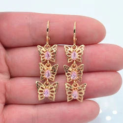 Gold Color Women Fashion Adorable Pink Zirconia CZ Butterfly Dangle Earrings Jewelry