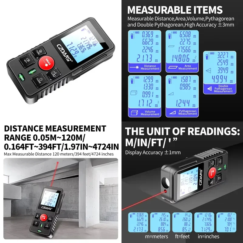 Measurement Range 0.05m~120m Digital Distance Length Meter Tester Measurable Distance Area Volume and