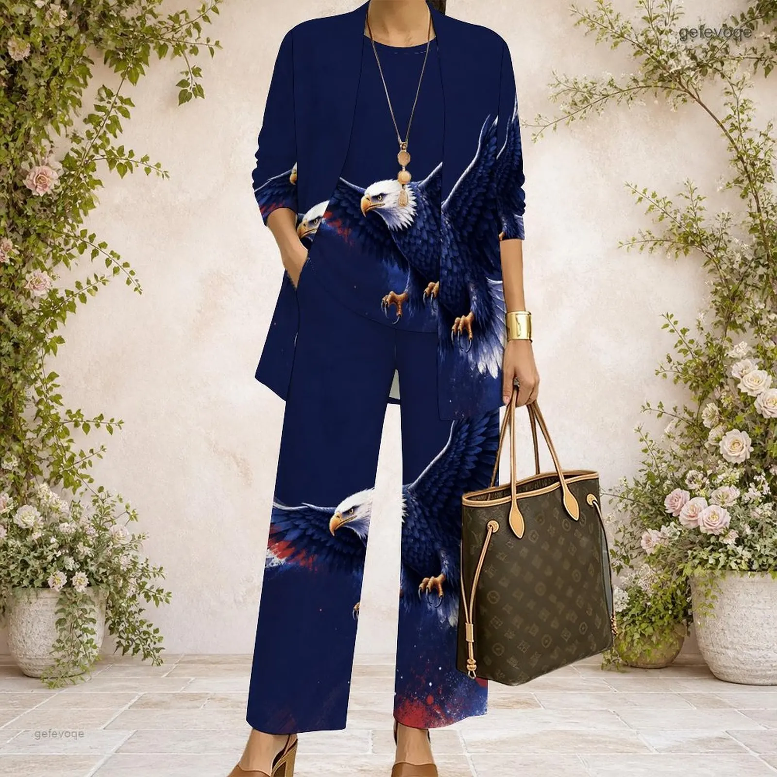 Women 3 Piece Outfit Mid Sleeve Open Cardigan With Tank Top And Wide Leg Pants Set Custom Print Ladies Casual Loungewear