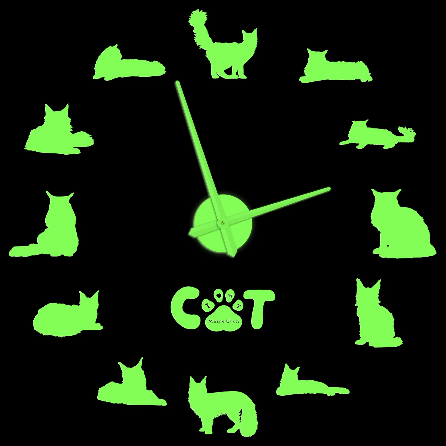 The Gentle Giant Maine Coon Wall Clock Glow In Dark Kitten Cat Silhouette Pet Shop Decor Large Self Adhesive DIY Stickers Watch