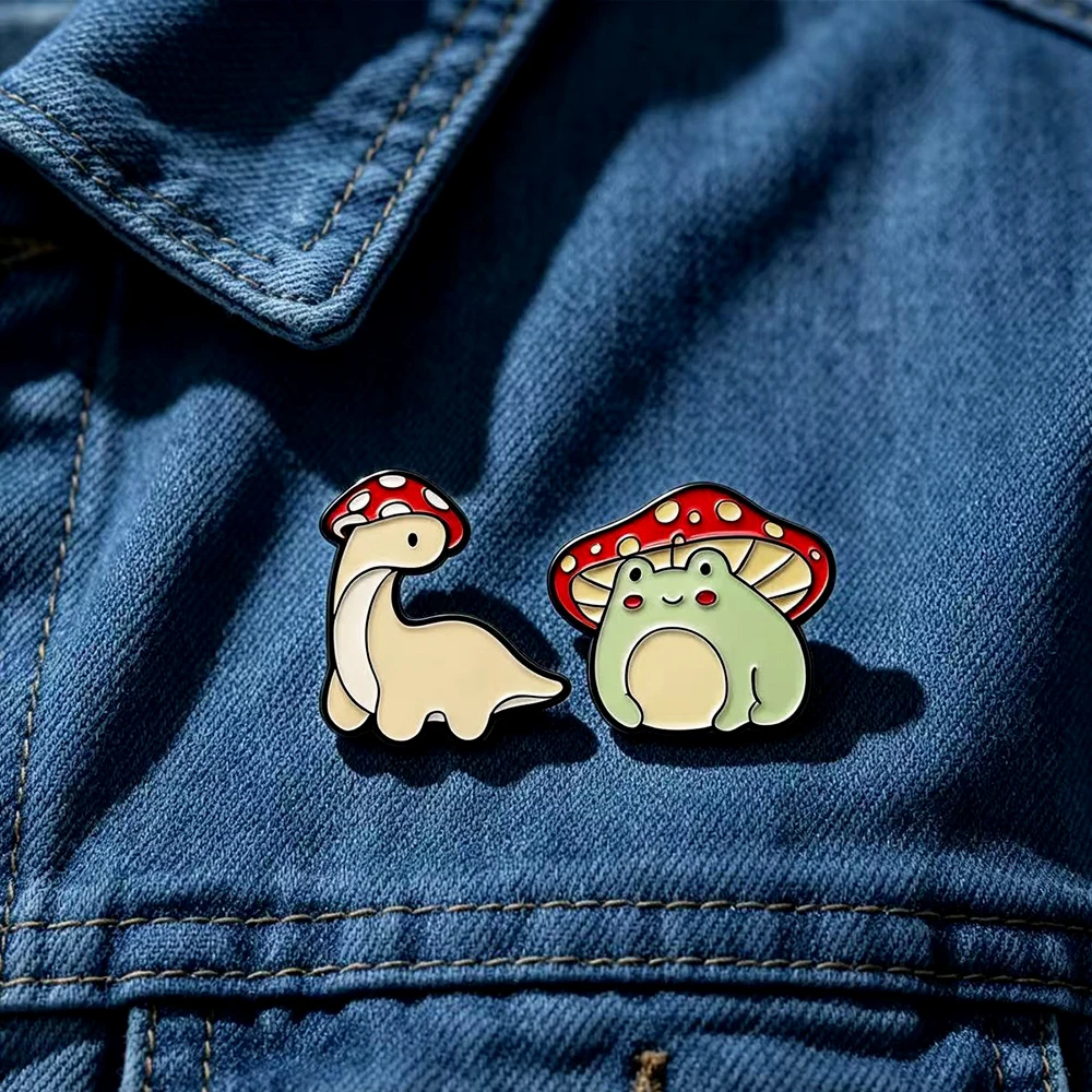 Cute Mushroom Hat Frog & Dinosaur Enamel Pins Green Frog Brontosaurus Dinosaur with Mushroom Cap Lapel Brooches Badge