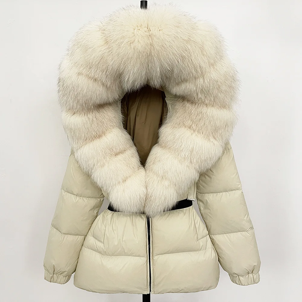 

New Natural Thick Warm Long Winter Jacket Women 90% White Duck Down Coat Real Big Fox Fur Collar Belt Loose Puffer Parka