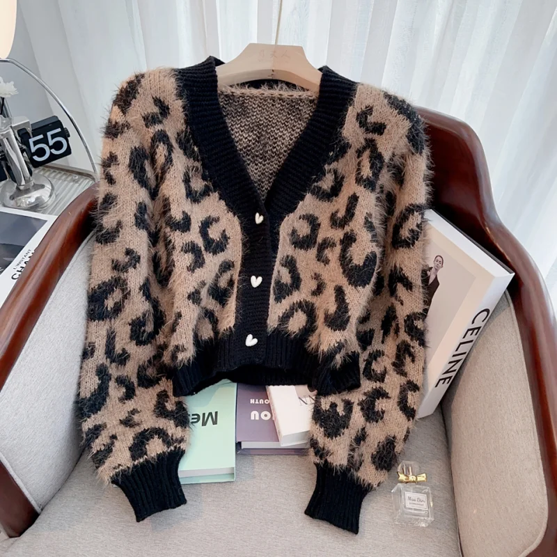 

2024 Khaki Cardigan Leopard Print Sweater Fashion Winter Women's Cashmere Knitted Contrast Color Jacket Long Sleeves Female Top