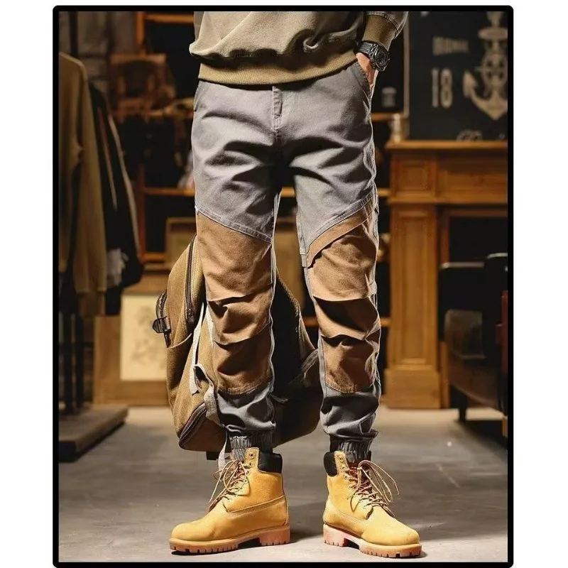 

Осенняя рабочая одежда контрастного цвета для мужчин, свободные повседневные прямые брюки в стиле ретро с микроскользями, 2025 г.